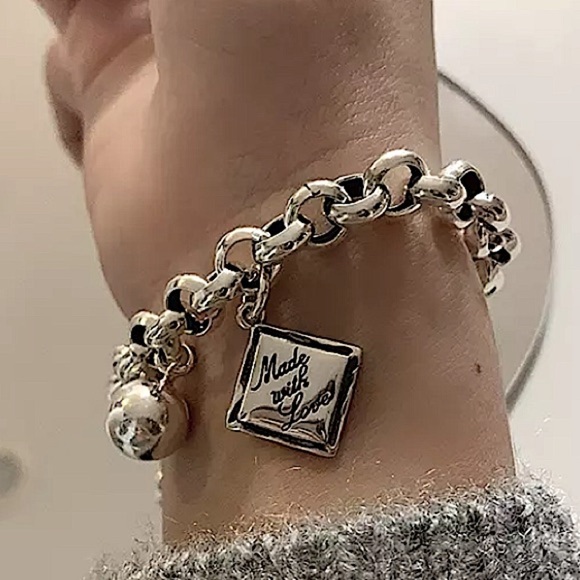 Sterling Silver Made with Love Bracelet Chain Link Ball Charm - Picture 9 of 12